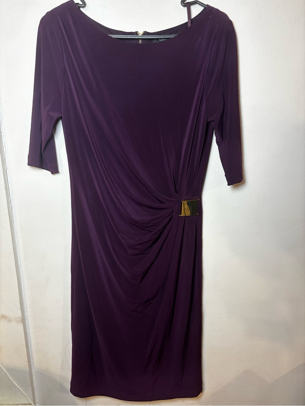 Tahari Plum Jersey Midi Dress with Gold Accent